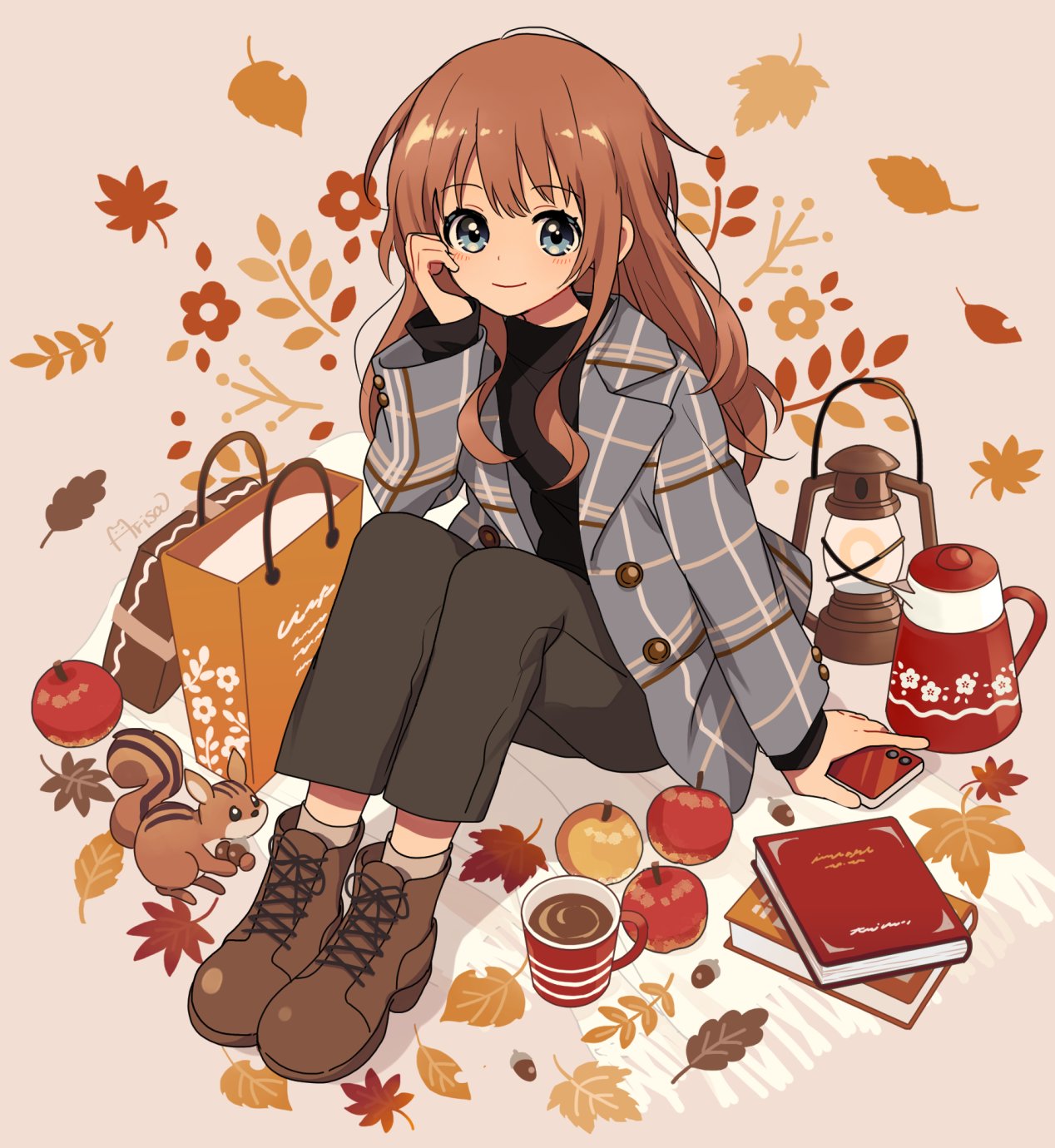 1girl animal ankle_boots apple arisa_(aren) artist_name bag black_eyes black_pants black_sweater blue_eyes blush book boots brown_background brown_footwear brown_hair buttons cellphone closed_mouth coat coffee commentary_request cross-laced_footwear cup dot_nose double-breasted drink floral_background flower_(symbol) food fruit full_body grey_coat hand_on_own_cheek hand_on_own_face hand_up highres holding holding_phone knees_up lace-up_boots lantern lapels leaf long_hair long_sleeves looking_at_viewer mug open_clothes open_coat original pants paper_bag phone plaid plaid_coat shopping_bag signature sitting smartphone smile solo squirrel sweater teapot