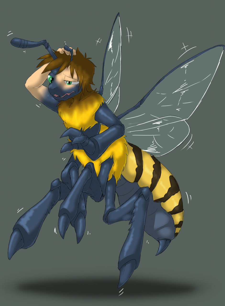 2022 3_fingers arthropod bee brown_hair confusion digital_drawing_(artwork) digital_media_(artwork) fingers fur green_eyes hair hand_on_head hi_res human_to_taur hymenopteran insect insect_wings kyrio male simple_background solo species_transformation stinger taur transformation wings yellow_body yellow_fur