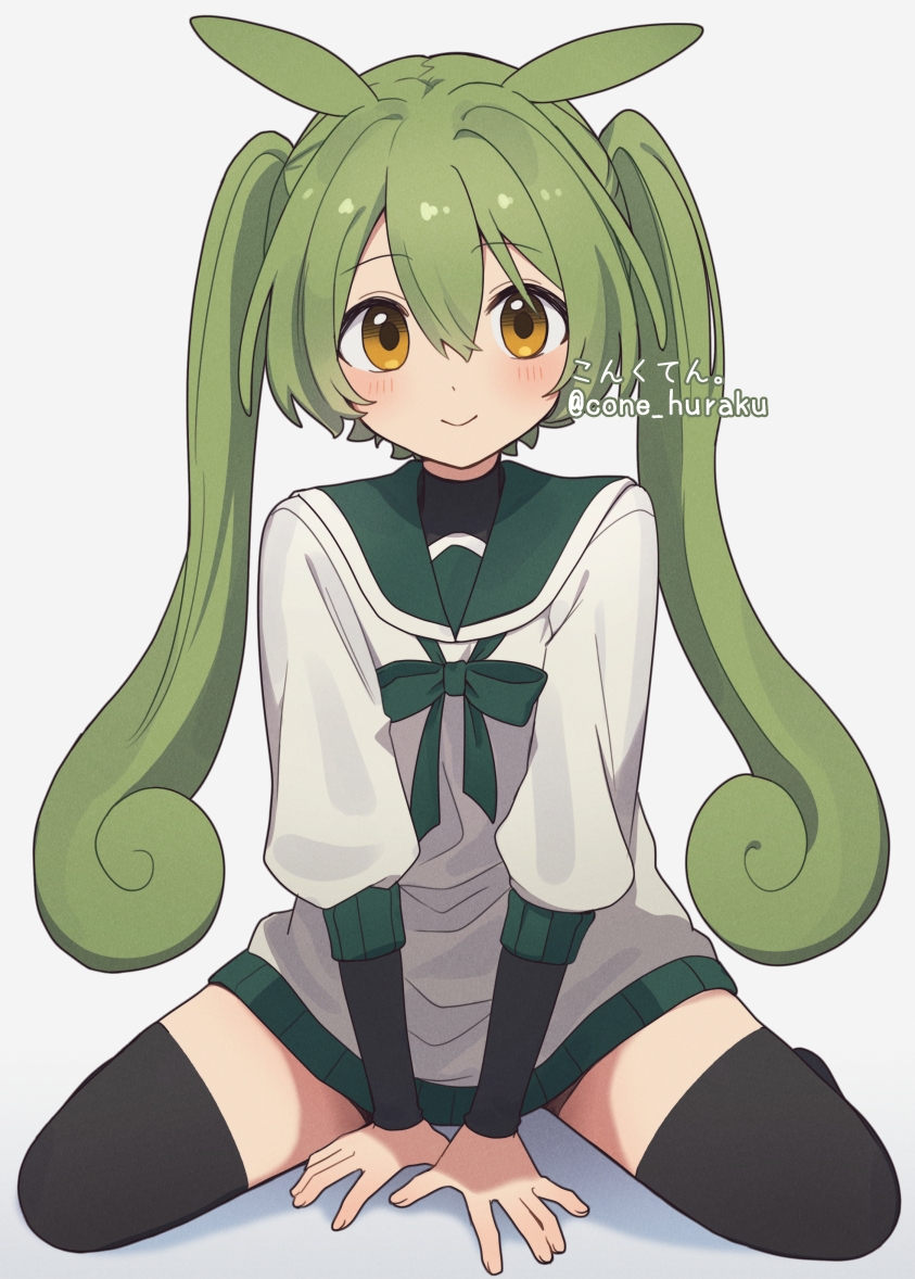 1girl alternate_hairstyle black_shirt black_thighhighs blush bow commentary_request cone_huraku green_bow green_hair hair_between_eyes hands_on_floor layered_clothes layered_sleeves long_hair long_sleeves looking_at_viewer sailor_collar shirt simple_background sitting smile solo straight-on thighhighs twintails twitter_username voicevox wariza white_background yellow_eyes zundamon