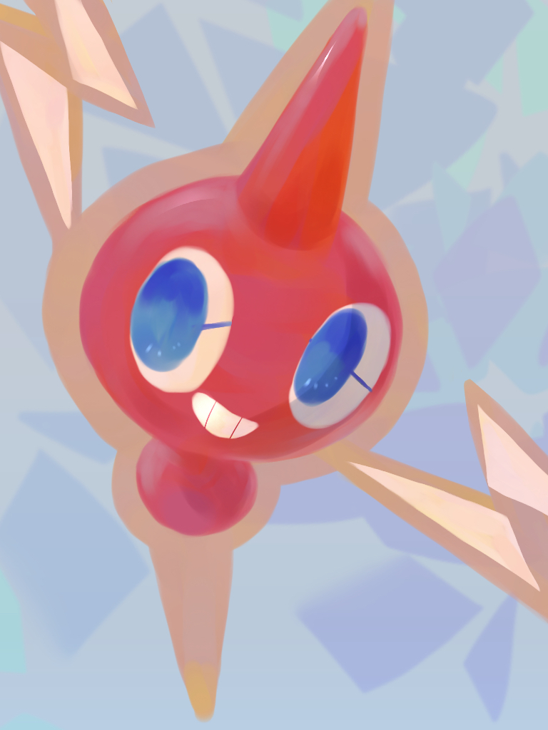 alternate_color blue_background blue_eyes butter_(oshi8kyoumoh) commentary_request electricity full_body grin happy looking_to_the_side no_humans partial_commentary pokemon pokemon_(creature) rotom rotom_(normal) shiny_pokemon smile solo teeth