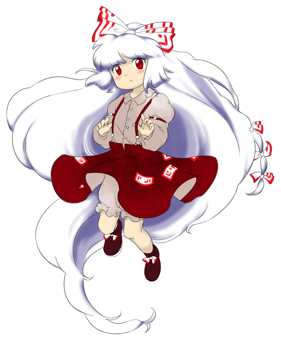 1girl :/ adapted_costume big_hair bloomers blush buttons closed_mouth collared_shirt dress_shirt fujiwara_no_mokou grey_bloomers grey_shirt juliet_sleeves long_hair long_sleeves nonamejd official_style puffy_sleeves red_eyes red_skirt shirt simple_background skirt solo suspender_skirt suspenders touhou very_long_hair white_background white_hair zun_(style)