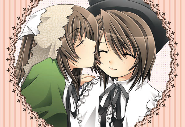 2girls black_headwear black_ribbon border brown_hair closed_mouth commentary_request dress frilled_shirt_collar frills green_dress hair_between_eyes head_scarf kiss kissing_cheek long_bangs long_hair morinaga_hinase multiple_girls neck_ribbon pink_border ribbon rozen_maiden short_hair siblings sisters smile souseiseki striped_border suiseiseki twins upper_body white_headwear