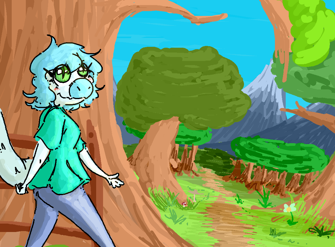 anthro blue_body blue_hair blue_scales blush breasts clothed clothing colored detailed_background dinosaur dromaeosaurid faustanon female fooly_cooly_(snoot_game) green_eyes hair mountain outside plant pupils reptile scales scalie slit_pupils snoot_game theropod tree walking