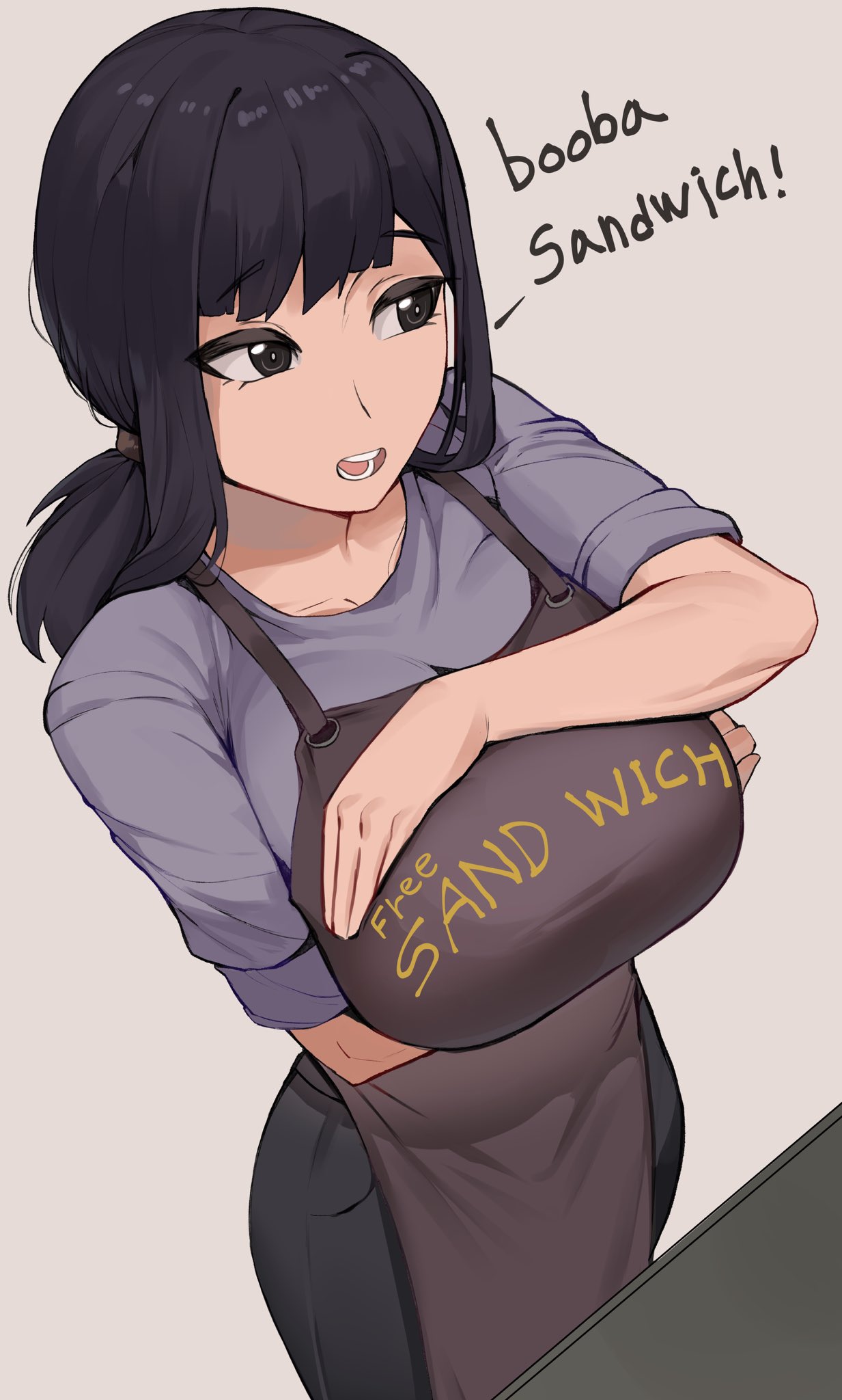 1girl apron arm_under_breasts black_eyes black_hair black_pants breasts breasts_squeezed_together brown_apron clothes_writing employee_uniform grey_sweater highres korean_commentary large_breasts long_sleeves low_ponytail open_mouth original pants sleeves_rolled_up solo soolee040995 sweater uniform white_background