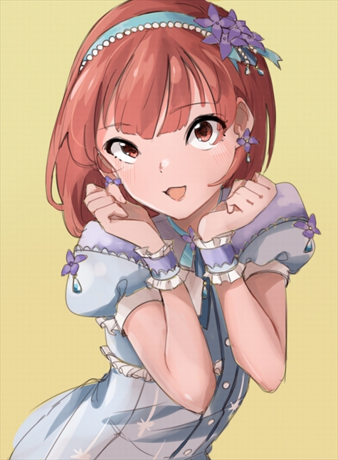 1girl :3 alternate_hairstyle blue_dress blush breasts brown_eyes brown_hair dot_nose dress earrings flower flower_earrings frilled_dress frills green_hairband hair_flower hair_ornament hairband hands_up idolmaster idolmaster_million_live! idolmaster_million_live!_theater_days jewelry kakuanko looking_at_viewer medium_breasts nonohara_akane open_mouth puffy_short_sleeves puffy_sleeves purple_flower purple_wristband short_hair short_sleeves simple_background smile solo upper_body yellow_background