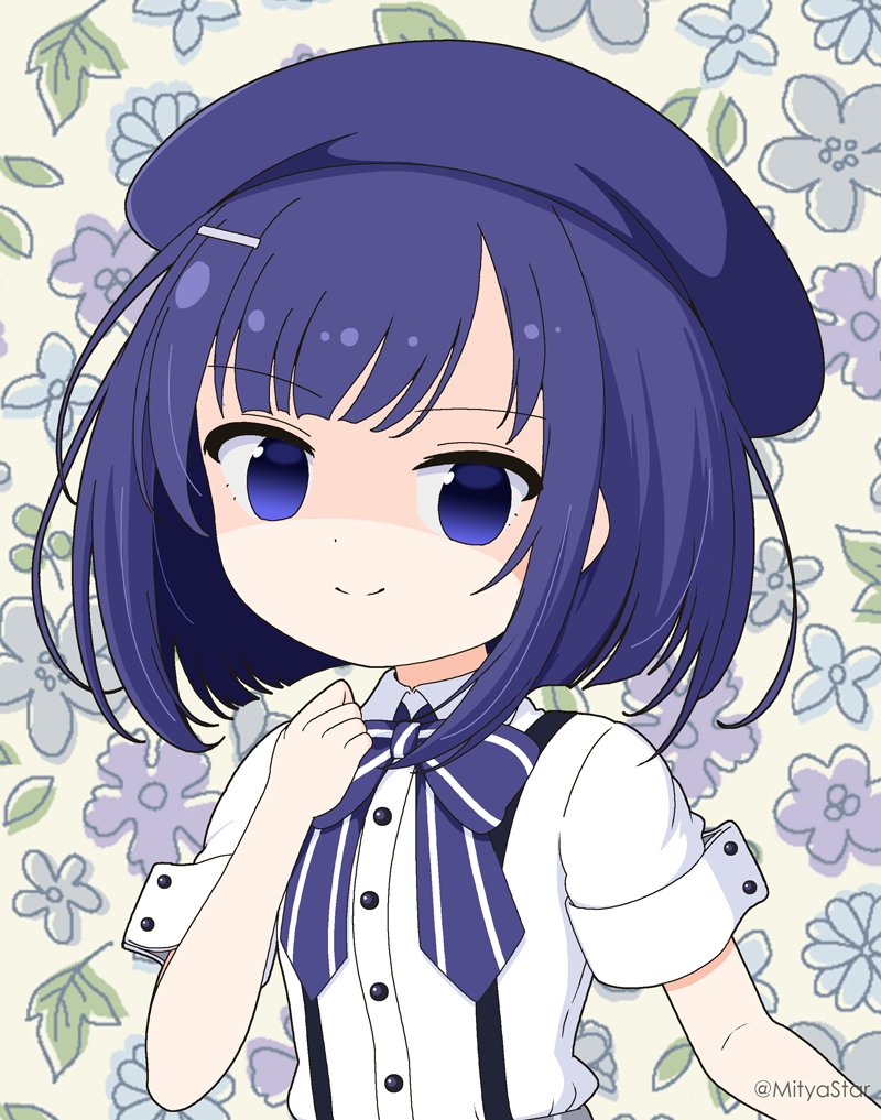 1girl beret blue_bow blue_eyes blue_hair blue_headwear bow brown_background closed_mouth collared_shirt commentary_request dress_shirt floral_background fuiba_fuyu gochuumon_wa_usagi_desu_ka? hair_ornament hairclip hand_up hat mitya shaded_face shirt short_sleeves smile solo striped_bow suspenders white_shirt