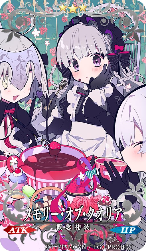 3girls apron black_gloves black_hairband black_sleeves blue_background blush bow bowl bowtie braid braided_hair_rings card_(medium) cherry chocolate closed_eyes copyright_notice cross-laced_clothes cross-laced_sleeves crown_braid cup drinking eating fate/apocrypha fate/extra fate/grand_order fate_(series) flower food fork frilled_apron frilled_sleeves frills fruit gate gloves gothic_lolita green_eyes grey_bow grey_bowtie hairband heart holding holding_cup holding_fork jack_the_ripper_(fate/apocrypha) jack_the_ripper_(memory_of_qualia)_(fate) jeanne_d'arc_alter_santa_lily_(fate) jeanne_d'arc_alter_santa_lily_(memory_of_qualia)_(fate) juliet_sleeves light_blush lolita_fashion lolita_hairband long_hair long_sleeves looking_at_food macaron mochizuki_kei multiple_girls nursery_rhyme_(fate) nursery_rhyme_(memory_of_qualia)_(fate) official_alternate_costume official_art parted_lips pink_flower pink_rose puffy_sleeves purple_eyes purple_hair purple_headwear red_bow red_bowtie rose short_hair star_(symbol) star_print steam strawberry striped_bow striped_bowtie striped_clothes table tea teacup upper_body white_apron white_bow white_flower white_hair wrist_bow