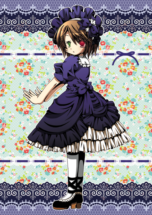 1girl alternate_costume back_bow black_footwear bonnet bow brown_hair commentary_request dress expressionless floral_background full_body gothic_lolita green_background green_eyes hair_between_eyes heterochromia high_heels lace_background lolita_fashion looking_at_viewer looking_to_the_side medium_bangs morinaga_hinase open_mouth pantyhose petticoat puffy_short_sleeves puffy_sleeves purple_bow purple_dress purple_headwear red_eyes rozen_maiden short_hair short_sleeves solo souseiseki standing waist_bow white_pantyhose