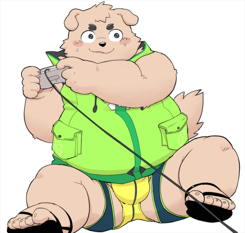 2024 anthro belly black_nose blush bulge canid canine canis clothing controller domestic_dog footwear game_controller gaming kemono male mammal meg_hoi overweight overweight_male playing_videogame sandals simple_background sitting solo white_background