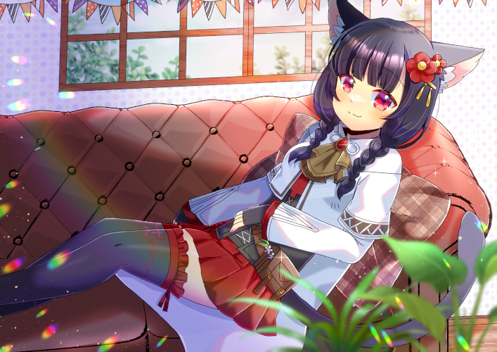 1girl animal_ear_fluff animal_ears black_gloves black_hair black_thighhighs blurry blurry_foreground braid cat_ears cat_girl cat_tail closed_mouth commentary_request commission couch depth_of_field feet_out_of_frame final_fantasy final_fantasy_xiv fingerless_gloves flower frilled_thighhighs frills gloves hair_flower hair_ornament hair_over_shoulder indoors jacket kou_hiyoyo long_hair long_sleeves looking_at_viewer low_twintails miqo'te on_couch pennant pillow plaid plaid_pillow pleated_skirt red_eyes red_flower red_skirt skeb_commission skirt smile solo string_of_flags tail thighhighs twin_braids twintails white_jacket window