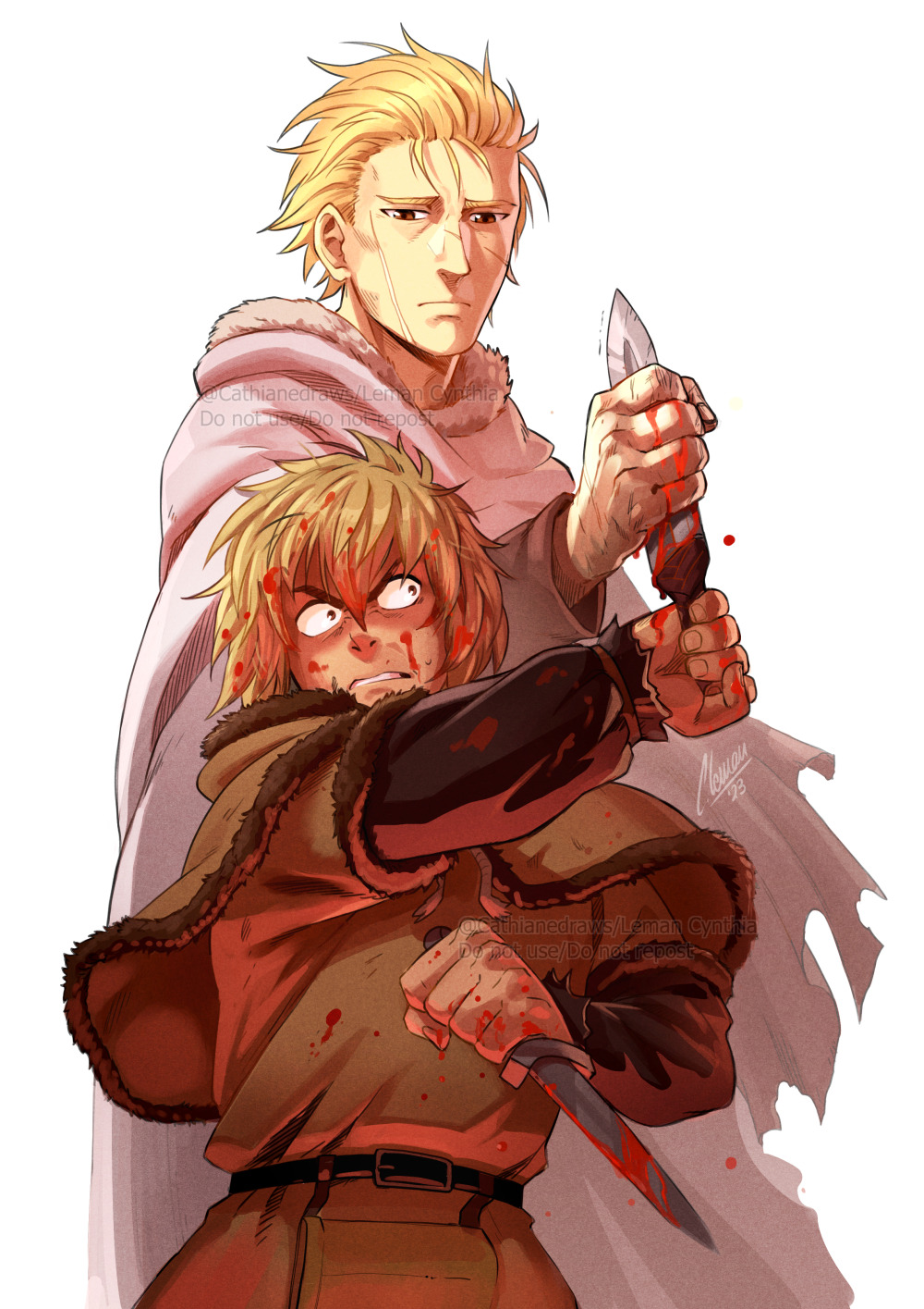 1boy age_progression angry blonde_hair blood blood_on_face blood_on_hands blood_on_weapon brown_coat brown_eyes cathiane coat cowboy_shot english_commentary fur_trim grabbing highres holding holding_knife knife looking_at_another looking_back male_focus medium_hair sad scar scar_on_face short_hair signature simple_background thorfinn twitter_username vinland_saga weapon white_background white_coat