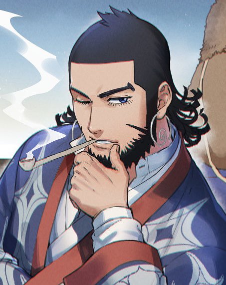 1boy bara beard blue_background blue_eyes eyelashes facial_hair foxvulpine golden_kamuy hand_on_own_chin japanese_clothes kiroranke long_sideburns long_sleeves looking_at_viewer male_focus one_eye_closed pipe_in_mouth short_hair sideburns smoking_pipe solo thinking upper_body