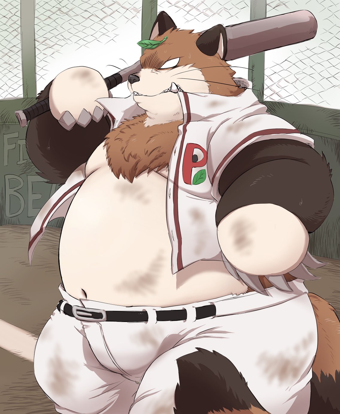 2024 anthro baseball_(sport) baseball_bat baseball_field baseball_uniform bat_(object) belly big_belly bottomwear brown_body brown_fur canid canine clothed clothing detailed_background fur hi_res kemono leaf male mammal open_clothing open_shirt open_topwear overweight overweight_male pants raccoon_dog shirokumaou shirt solo sport sportswear tanuki topwear uniform