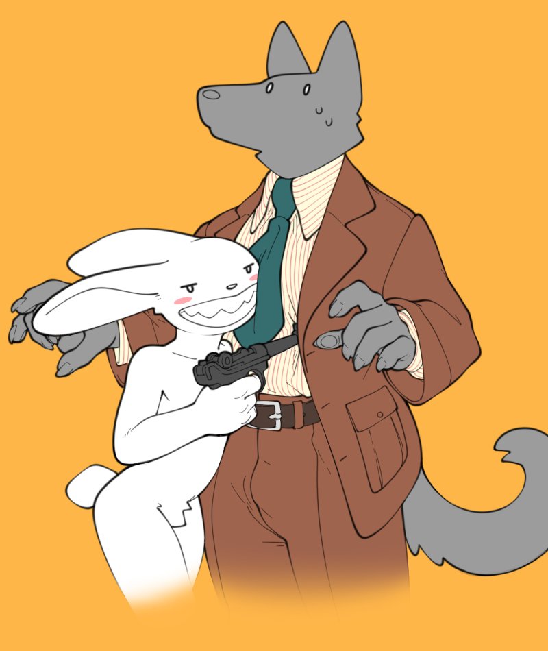 anthro canid canine clothed clothing crotch_tuft duo formal_clothing grin gun handgun lagomorph leporid luger male mammal max_(sam_and_max) necktie nude pistol rabbit ranged_weapon sam_and_max simple_background smile tuft weapon xenopera