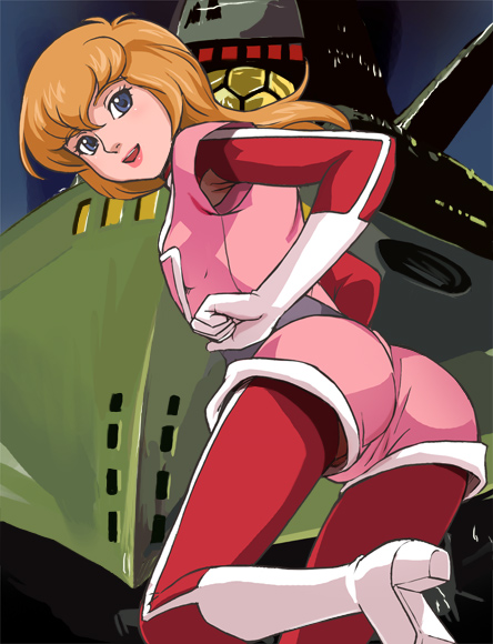 1girl armpits ass blonde_hair blue_eyes bodysuit character_request gloves haruyama_kazunori lipstick long_hair looking_at_viewer makeup open_mouth red_bodysuit retro_artstyle ship smile solo watercraft white_gloves