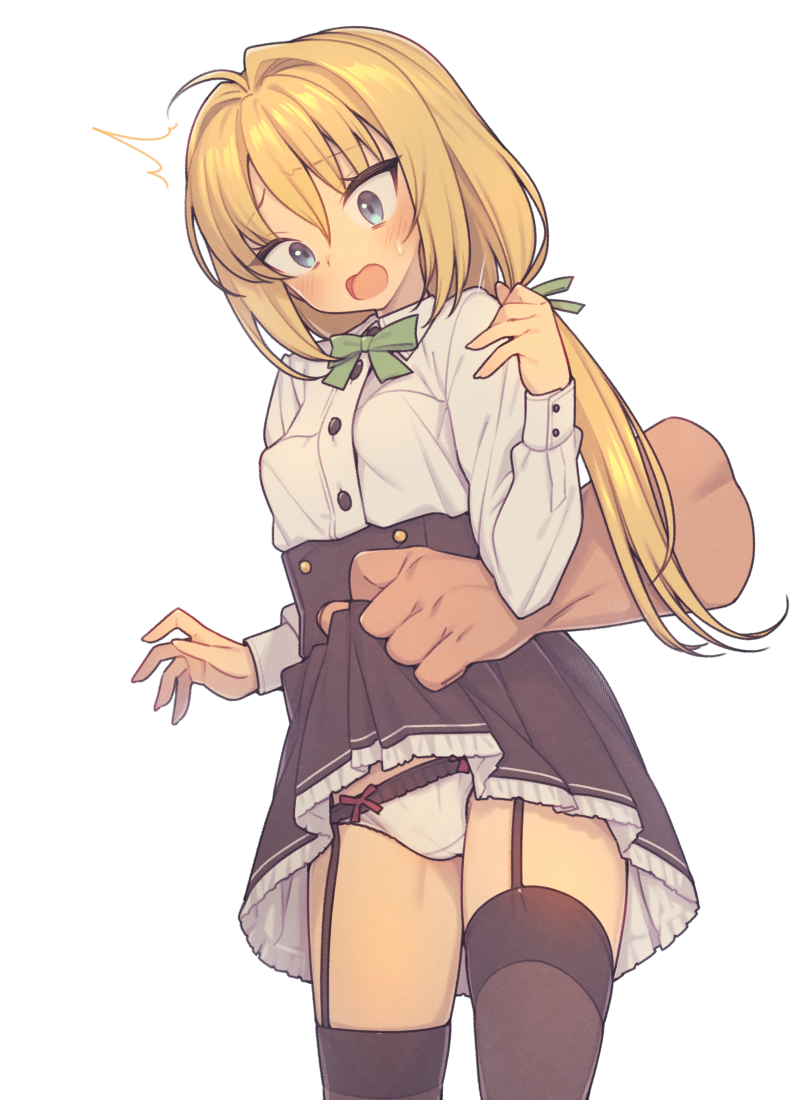 1boy 1girl assisted_exposure black_skirt black_thighhighs blonde_hair blue_eyes blush breasts buttons cameltoe clothes_lift collared_shirt commentary cowboy_shot cowlick disembodied_limb dot_nose dress_shirt everyntrge garter_straps green_ribbon hair_between_eyes hair_intakes hair_ribbon high-waist_skirt long_hair long_sleeves looking_down open_mouth original paid_reward_available panties pantyshot ribbon shirt sidelocks simple_background skirt skirt_lift small_breasts solo_focus surprised sweatdrop thighhighs underwear white_background white_panties white_shirt