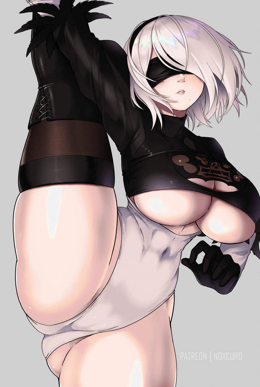 1girl 2b_(nier:automata) artist_name ass ass_visible_through_thighs black_blindfold black_thighhighs blindfold breasts curvy flexible highres huge_breasts large_breasts leg_up leotard lips mole mole_under_mouth nier:automata nier_(series) noxcuro short_hair signature solo split standing standing_on_one_leg standing_split thick_thighs thighhighs thighs underboob white_background white_hair