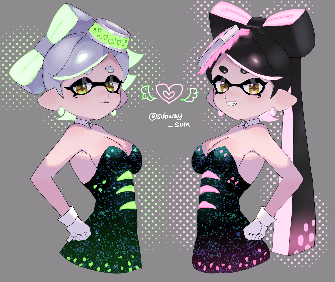 2girls artist_name bare_arms black_dress black_hair black_jumpsuit bow-shaped_hair breasts callie_(splatoon) cleavage collarbone cousins detached_collar dress earrings food food_on_head gloves gradient_hair grey_hair hoop_earrings jewelry jumpsuit long_hair marie_(splatoon) mole mole_under_eye multicolored_hair multiple_girls object_on_head pointy_ears short_jumpsuit short_ponytail splatoon_(series) squid_girl subway_sum sushi swept_bangs tentacle_hair thick_eyebrows tooth_earrings twintails white_gloves yellow_eyes