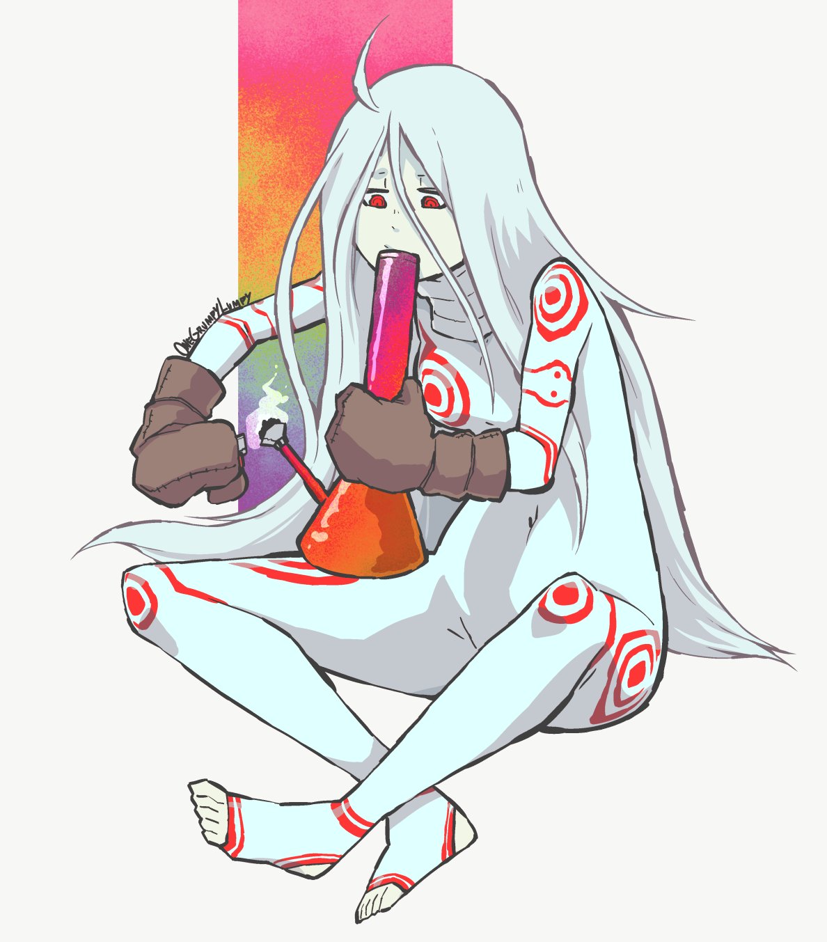 1girl antenna_hair artist_name bodysuit bong brown_gloves commentary deadman_wonderland drugs english_commentary full_body gloves highres indian_style long_hair onegrumpylumpy red_eyes shiro_(deadman_wonderland) signature sitting smoke solo toes white_bodysuit white_hair