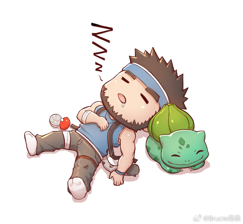 1boy =_= affectionate arm_tattoo artist_request bara bare_arms beard black_hair blue_headband blue_shirt brucie_(infighter821) bulbasaur check_artist chibi cross cross_necklace deformed drooling dungeon_and_fighter facial_hair from_above full_beard happy headband jewelry kulolin male_focus male_priest_(dungeon_and_fighter) mouth_drool muscular muscular_male necklace pokemon second-party_source shirt sleeping sleeveless sleeveless_shirt tail tattoo thick_eyebrows tiger_tail zzz