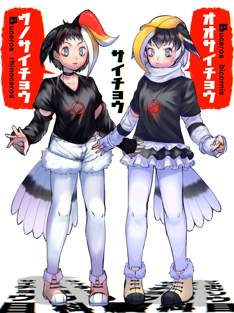 2girls bird_girl bird_tail bird_wings black_hair blue_eyes boots choker elbow_gloves feathered_wings gloves great_hornbill_(kemono_friends) hat head_wings jewelry kemono_friends kemono_friends_3 looking_at_viewer multiple_girls necklace pantyhose rhinoceros_hornbill_(kemono_friends) saba_ru scarf shirt short_hair shorts simple_background skirt tail wings