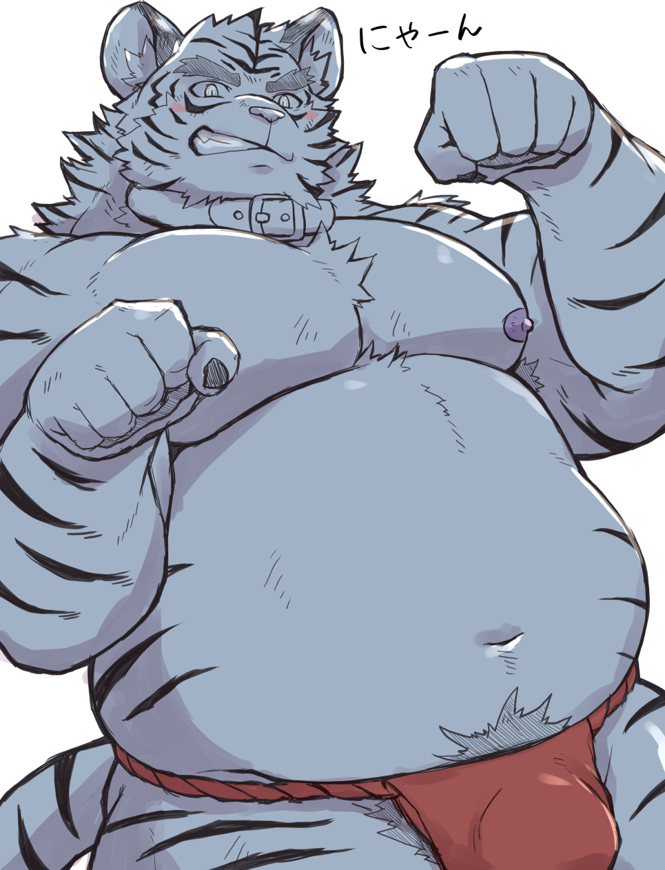 2024 anthro asian_clothing belly big_belly blush clothing collar east_asian_clothing felid fundoshi hi_res humanoid_hands japanese_clothing kemono male mammal moobs navel nipples overweight overweight_male pantherine red_clothing red_fundoshi red_underwear simple_background solo tiger toraya_inugami underwear white_background