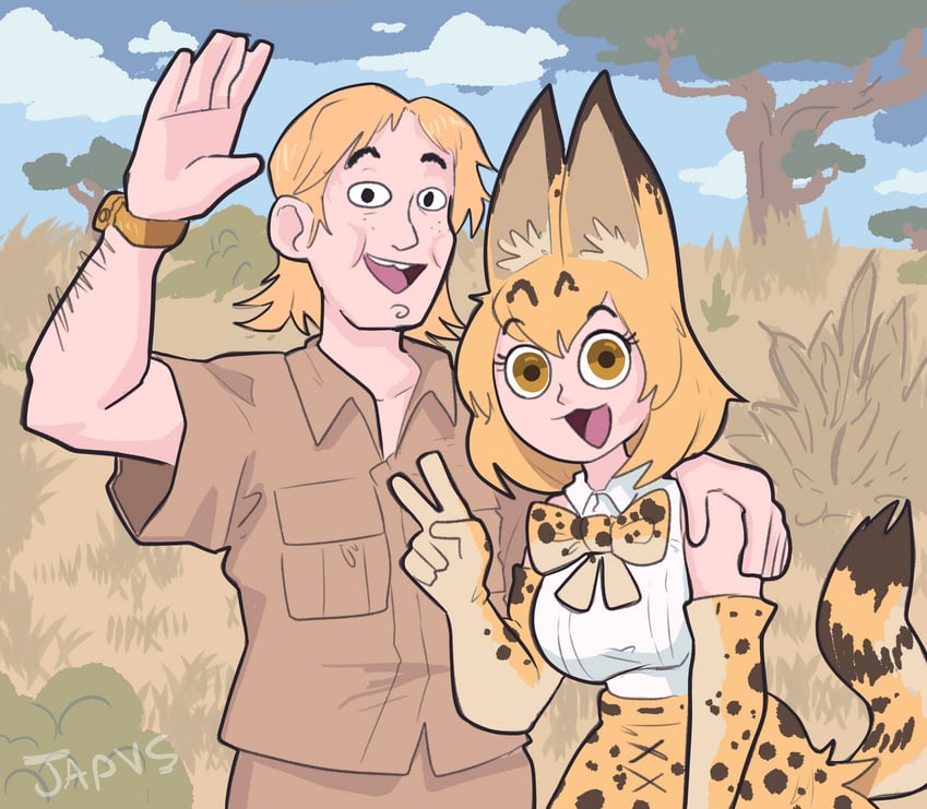 animal_humanoid arm_hair armwear blonde_hair body_hair bottomwear bow_tie clock clothed clothing collared_shirt duo elbow_gloves felid felid_humanoid feline feline_humanoid female gesture gloves hair hand_gesture hand_on_another's_shoulder hand_on_shoulder handwear human humanoid japversus kemono_friends male mammal mammal_humanoid open_mouth pants pattern_bottomwear pattern_bow pattern_clothing pattern_gloves pattern_handwear pattern_skirt savanna serval-chan serval_humanoid shirt shirt_pocket skirt smile spots spotted_bottomwear spotted_bow spotted_clothing spotted_gloves spotted_handwear spotted_skirt steve_irwin tan_bottomwear tan_clothing tan_pants tan_shirt tan_topwear teeth tongue topwear v_sign watch waving white_clothing white_shirt white_topwear yellow_eyes