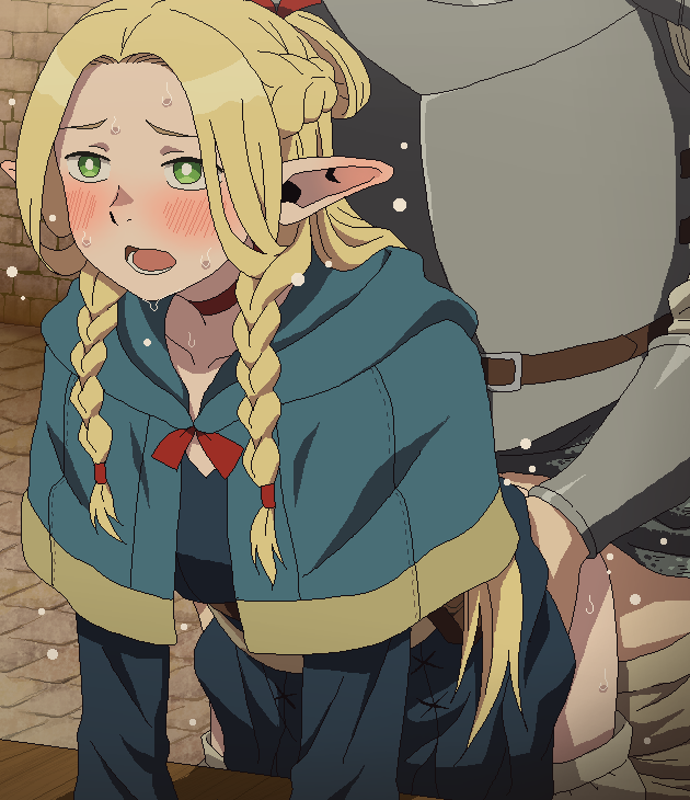 1boy 1girl blonde_hair blue_capelet blush braid capelet clothed_sex commentary_request dungeon_meshi elf french_braid green_eyes hetero jaggy_lines leaning_forward long_hair lower_teeth_only marcille_donato open_mouth pointy_ears sex sex_from_behind teeth tomu_(tomubobu) torso_grab twin_braids