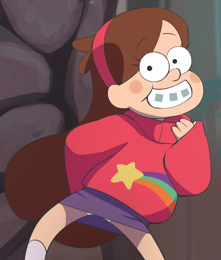 1girl blush braces brown_hair gravity_falls hairband haruyama_kazunori long_hair long_sleeves looking_at_viewer mabel_pines official_style panties pink_hairband pink_sweater skirt smile solo star_(symbol) sweater toon_(style) underwear white_panties