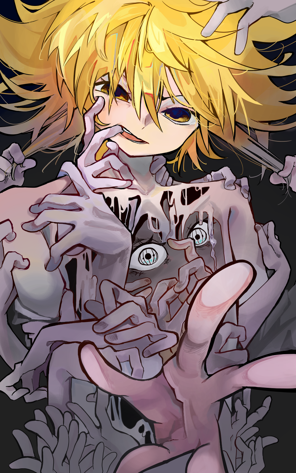 1boy black_background blonde_hair body_horror extra_eyes extra_hands frill_inferno grabbing_another's_hair highres horror_(theme) looking_at_viewer male_focus open_mouth pppppp reaching reaching_towards_viewer solo sonoda_lucky symbol-shaped_pupils yellow_eyes