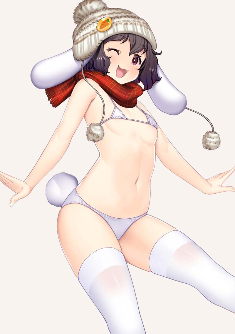 1girl :3 alternate_costume animal_ears badge beanie bikini black_hair blush breasts brown_headwear button_badge carrot_pin commentary_request cowboy_shot floppy_ears hat hataraki_kuma inaba_tewi looking_at_viewer medium_bangs one_eye_closed open_mouth pom_pom_(clothes) rabbit_ears rabbit_girl rabbit_tail short_hair simple_background small_breasts smile solo swimsuit tail thighhighs touhou white_background white_bikini white_thighhighs