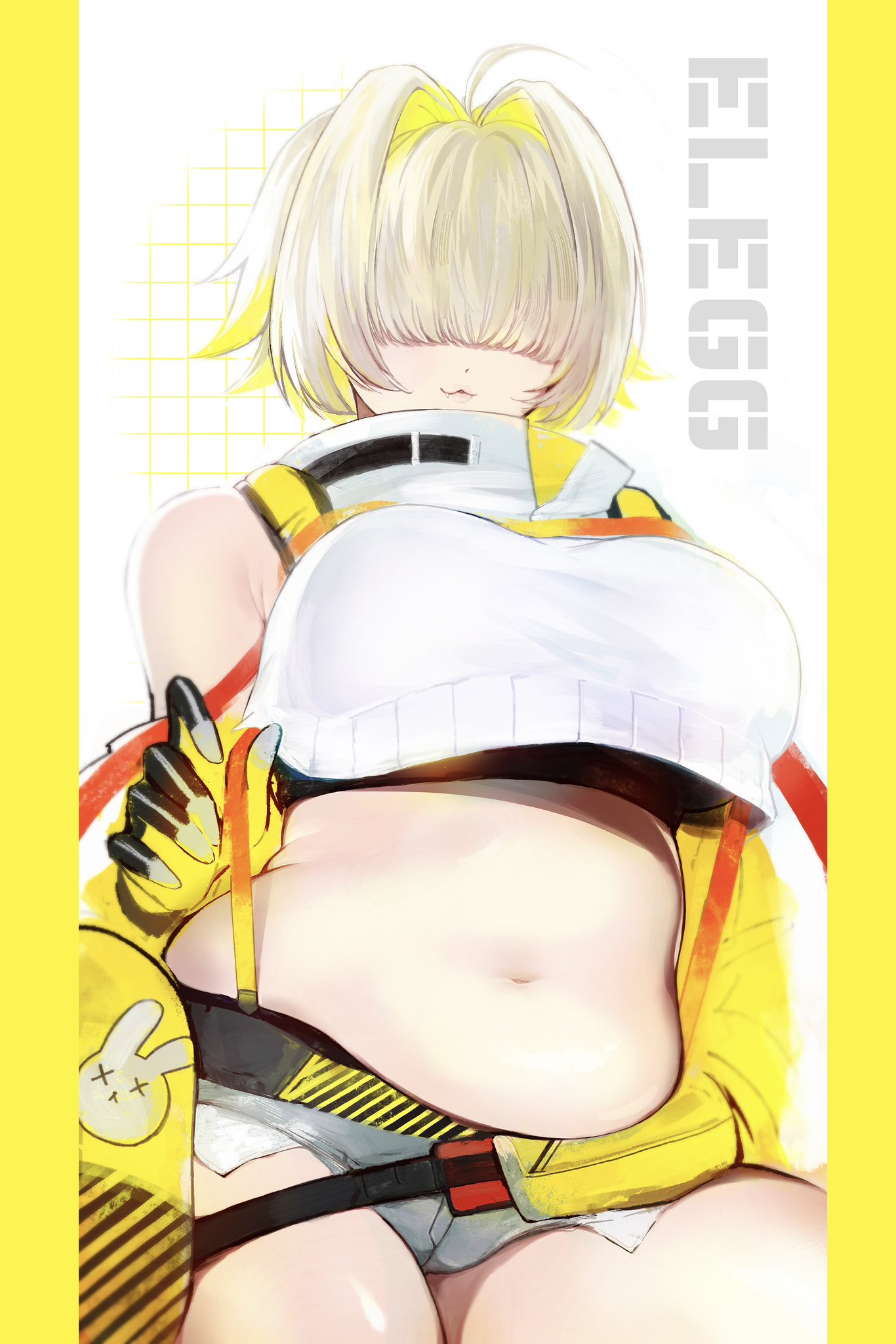 1girl :3 ahoge animal_print armpit_crease bare_shoulders belly black_gloves blonde_hair breasts character_name closed_mouth cowboy_shot crop_top detached_sleeves dot_nose elegg_(nikke) exposed_pocket facing_viewer fang gloves goddess_of_victory:_nikke grid_background hair_intakes hair_over_eyes highres lamuqa large_breasts lips medium_hair multicolored_hair navel parted_lips pillarboxed plump rabbit_print shirt shorts sitting sleeveless sleeveless_shirt solo suspender_shorts suspenders thick_thighs thighs two-tone_hair white_background white_shirt x_x yellow_sleeves