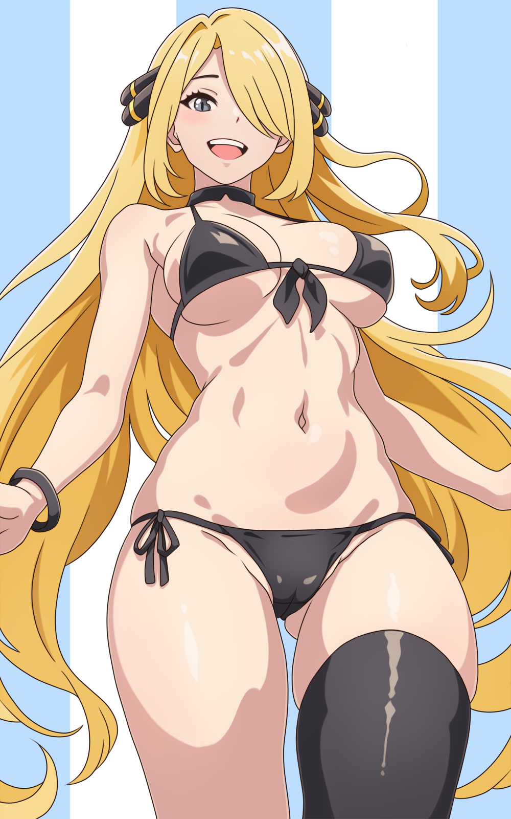 1girl asairosora ass_visible_through_thighs bikini black_bikini black_thighhighs blonde_hair breasts commentary cowboy_shot cynthia_(pokemon) from_below front-tie_bikini_top front-tie_top grey_eyes hair_over_one_eye highres large_breasts long_hair looking_at_viewer open_mouth pokemon side-tie_bikini_bottom single_thighhigh smile solo striped_background swimsuit teeth thighhighs upper_teeth_only very_long_hair