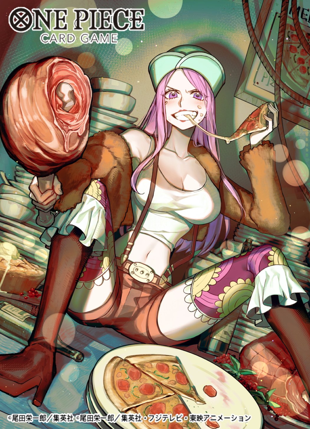 1girl blush boned_meat breasts cleavage eating empty_bottle empty_plate food hat highres holding holding_food holding_pizza jewelry_bonney lipstick long_hair makeup meat navel official_art one_piece pie piercing pink_hair pizza purple_eyes shorts smile solo spread_legs sunohara_(encount) suspenders teeth thighhighs