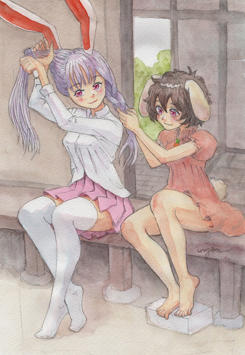 2girls :3 animal_ears barefoot braid braiding_hair breasts brown_hair closed_mouth collared_shirt commentary_request dress floppy_ears frilled_sleeves frills full_body hairdressing highres inaba_tewi long_hair long_sleeves medium_bangs medium_breasts multiple_girls no_shoes painting_(medium) pink_dress pink_eyes pleated_skirt porch puffy_short_sleeves puffy_sleeves rabbit_ears rabbit_girl reisen_udongein_inaba shirt short_dress short_hair short_sleeves shouji signature sitting skirt sliding_doors smile thighhighs touhou traditional_media uryan! watercolor_(medium) white_shirt white_thighhighs zettai_ryouiki