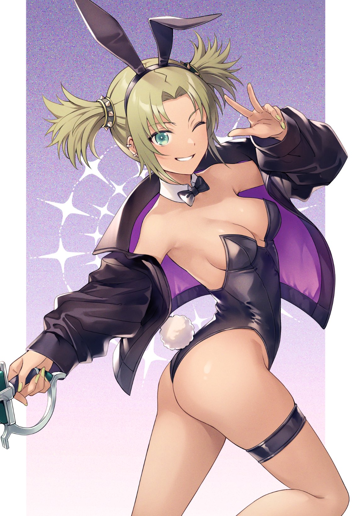 1girl animal_ears black_bow black_bowtie black_leotard bow bowtie breasts commission droite_(tales) e_(eokiba) earrings fake_animal_ears green_eyes green_hair green_nails hair_rings highres holding holding_sword holding_weapon jacket jewelry leotard medium_breasts nail_polish one_eye_closed playboy_bunny purple_background purple_jacket rabbit_ears rabbit_tail sidelocks smile solo sword tail tales_of_(series) tales_of_vesperia thigh_strap twintails v weapon