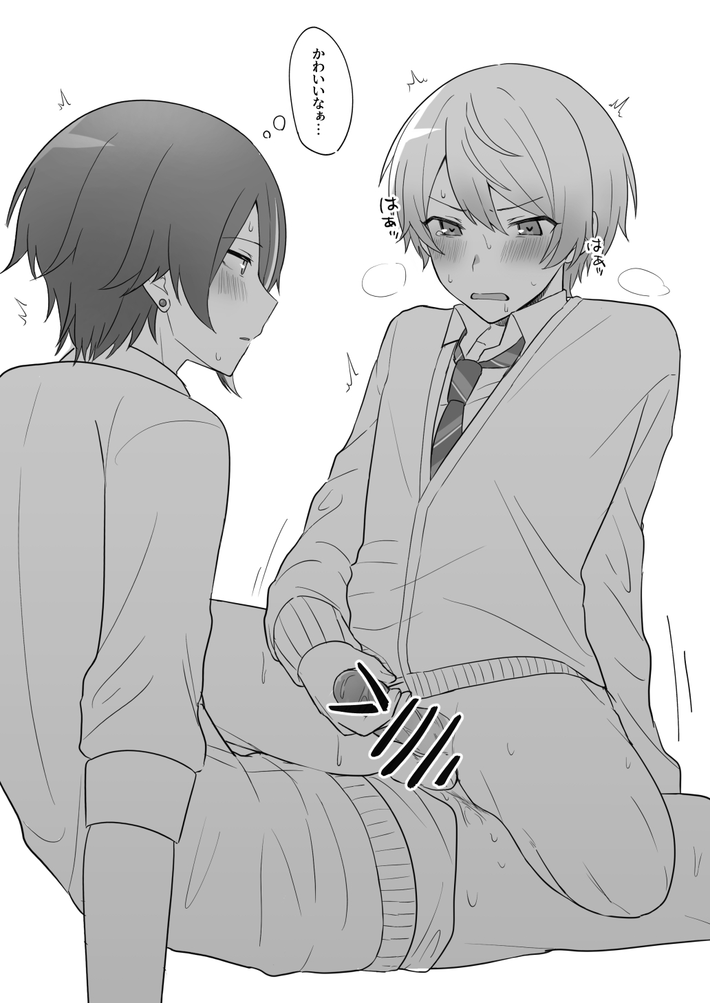 2boys 7v_xyz anal arm_at_side blush card censored clothed_sex collared_shirt cowgirl_position heart heart-shaped_pupils highres kamishiro_rui long_sleeves looking_at_another male_masturbation masturbation monochrome multiple_boys necktie open_mouth project_sekai sex shirt short_hair straddling sweat symbol-shaped_pupils tenma_tsukasa thinking v-shaped_eyebrows white_background yaoi