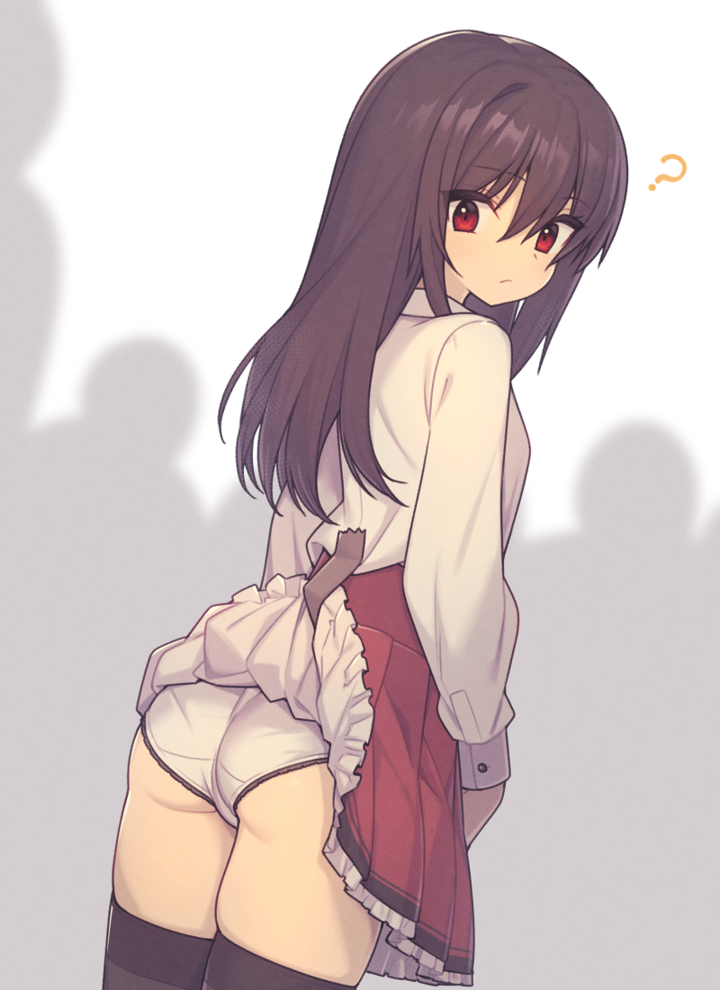 1girl 4others ? ass assisted_exposure black_hair black_thighhighs breasts closed_mouth clothes_lift collared_shirt commentary cowboy_shot everyntrge frilled_skirt frills from_behind hair_between_eyes long_hair long_sleeves looking_back multiple_others original paid_reward_available panties pantyshot pleated_skirt red_eyes red_skirt shadow shirt sidelocks skirt skirt_lift small_breasts solo_focus tape thighhighs underwear white_background white_panties white_shirt