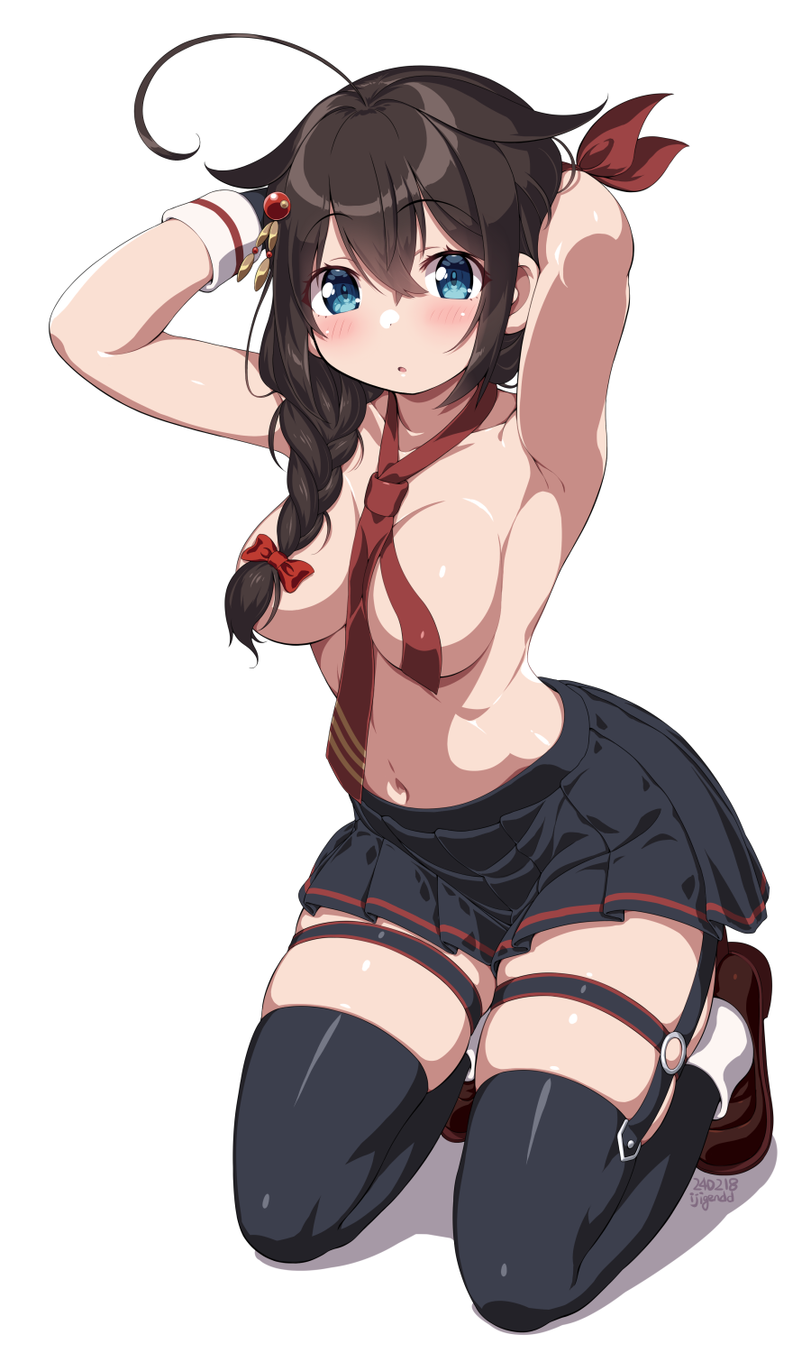 1girl ahoge black_skirt black_thighhighs blue_eyes braid breasts brown_hair dated dd_(ijigendd) hair_flaps highres kantai_collection long_hair looking_at_viewer medium_breasts navel necktie parted_lips pleated_skirt red_necktie shigure_(kancolle) shigure_kai_san_(kancolle) signature simple_background single_braid skirt solo thighhighs twitter_username white_background