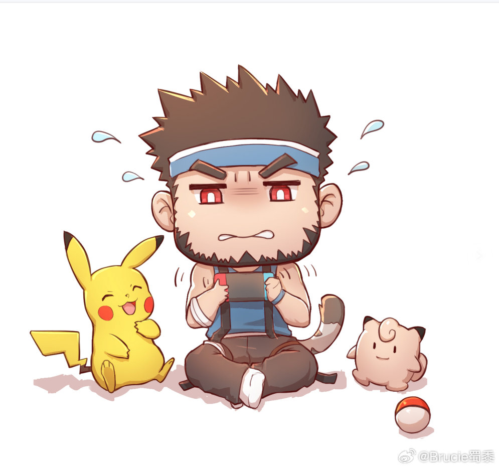 1boy =_= arm_tattoo artist_request bara bare_arms beard black_hair blue_headband blue_shirt brucie_(infighter821) character_request check_artist chibi cross cross_necklace dungeon_and_fighter facial_hair frown frustrated full_beard full_body handheld_game_console happy headband holding holding_handheld_game_console jewelry kulolin laughing male_focus male_priest_(dungeon_and_fighter) muscular muscular_male necklace nintendo_switch pikachu pokemon second-party_source shirt sleeveless sleeveless_shirt tail tattoo thick_eyebrows tiger_tail