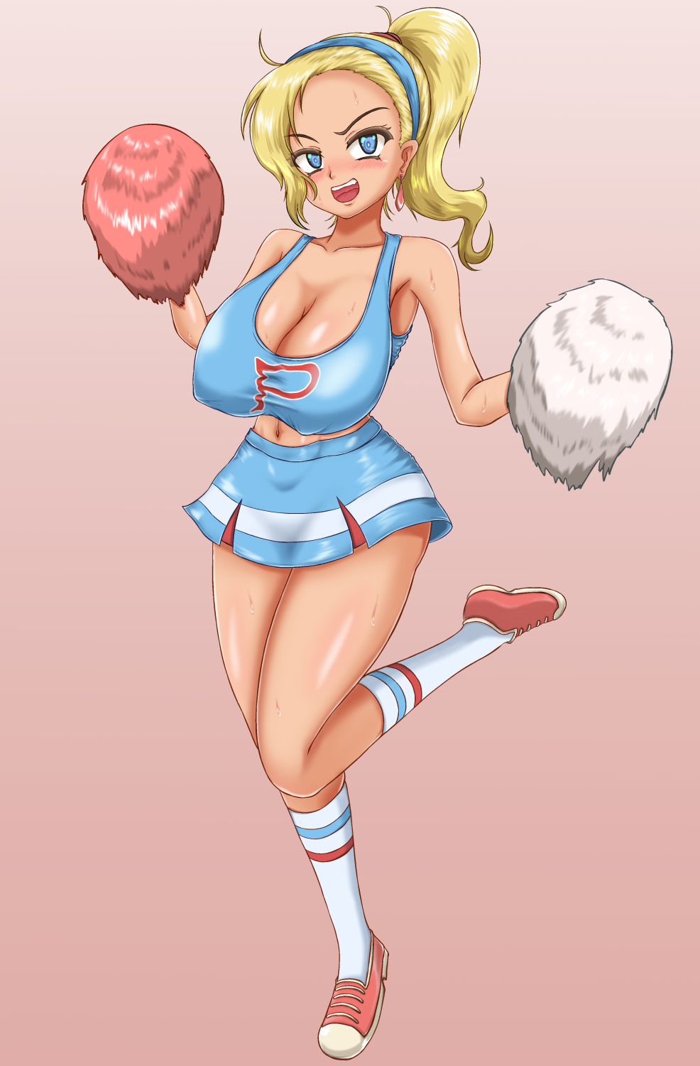 1girl bakamal_18 blonde_hair blue_eyes breasts cheerleader cleavage covered_nipples earrings highres jewelry large_breasts long_hair looking_at_viewer nancy_(pop'n_music) navel pom_pom_(cheerleading) ponytail pop'n_music solo