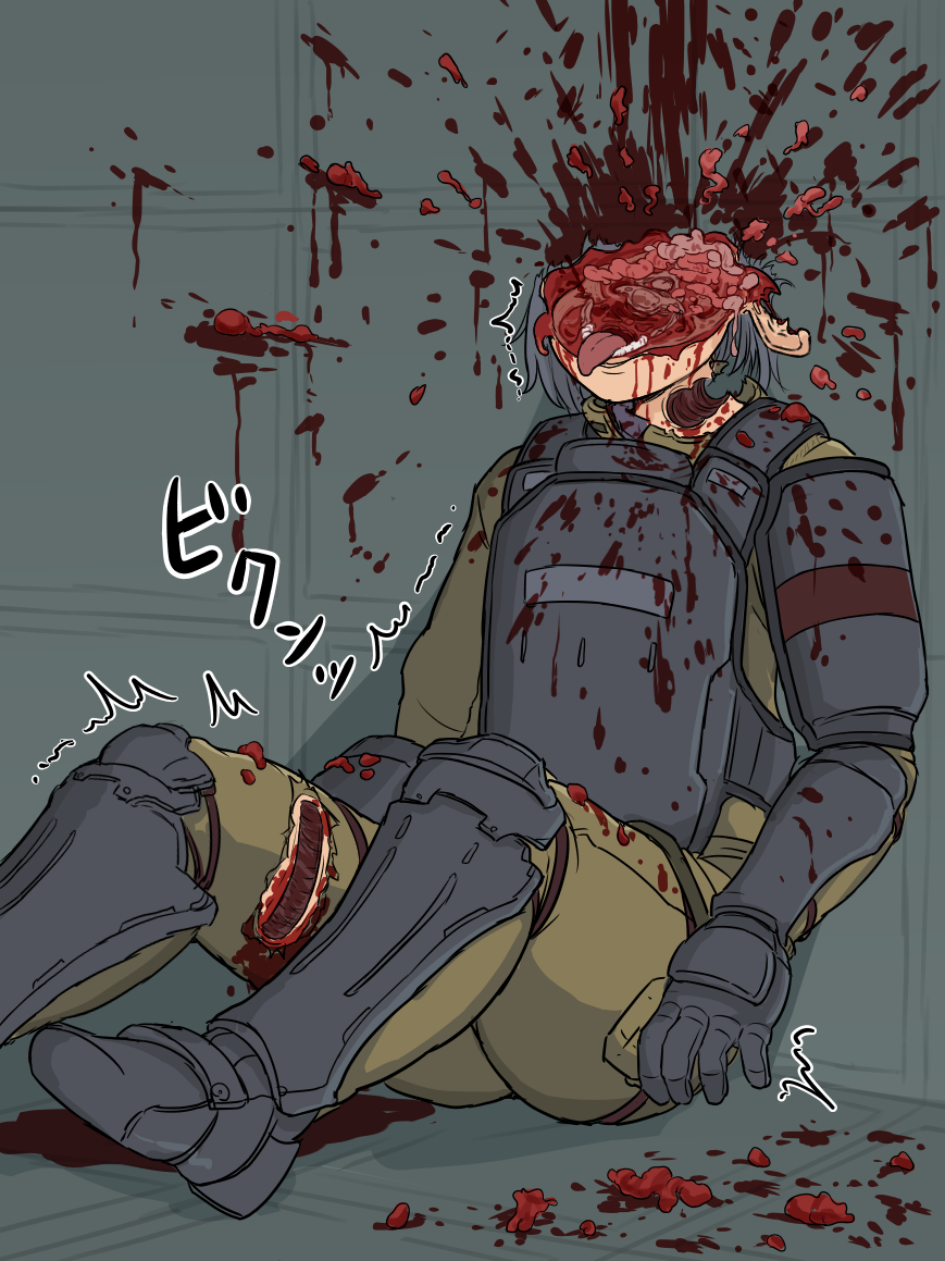 1girl armor blood blood_on_wall blood_splatter commentary_request death exploded_head foot_out_of_frame grey_hair guro headshot injury lower_teeth_only medium_hair shin_guards solo teeth the_citadel tongue tozaumo twitching