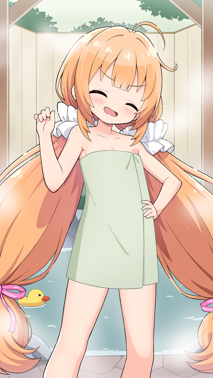 1girl blush closed_eyes collarbone commentary_request commission feet_out_of_frame flat_chest flower_knight_girl green_towel hand_on_own_hip hand_up highres long_hair macadamia_(flower_knight_girl) naked_towel onsen open_mouth orange_hair paid_reward_available skeb_commission solo towel twintails variant_set very_long_hair yuuma_(skirthike)