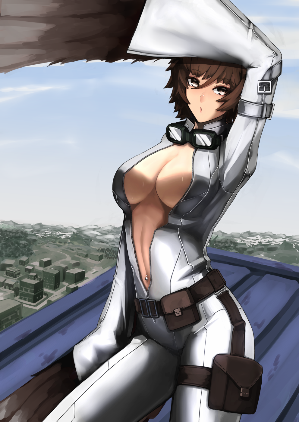 1girl belt belt_pouch breasts brown_belt brown_eyes brown_feathers brown_hair brown_wings cityscape commentary_request feathered_wings feathers goggles goggles_around_neck harpy highres jumpsuit looking_at_viewer medium_breasts monster_girl navel_piercing original piercing pouch short_hair solo unzipped white_jumpsuit winged_arms wings z_umeshi