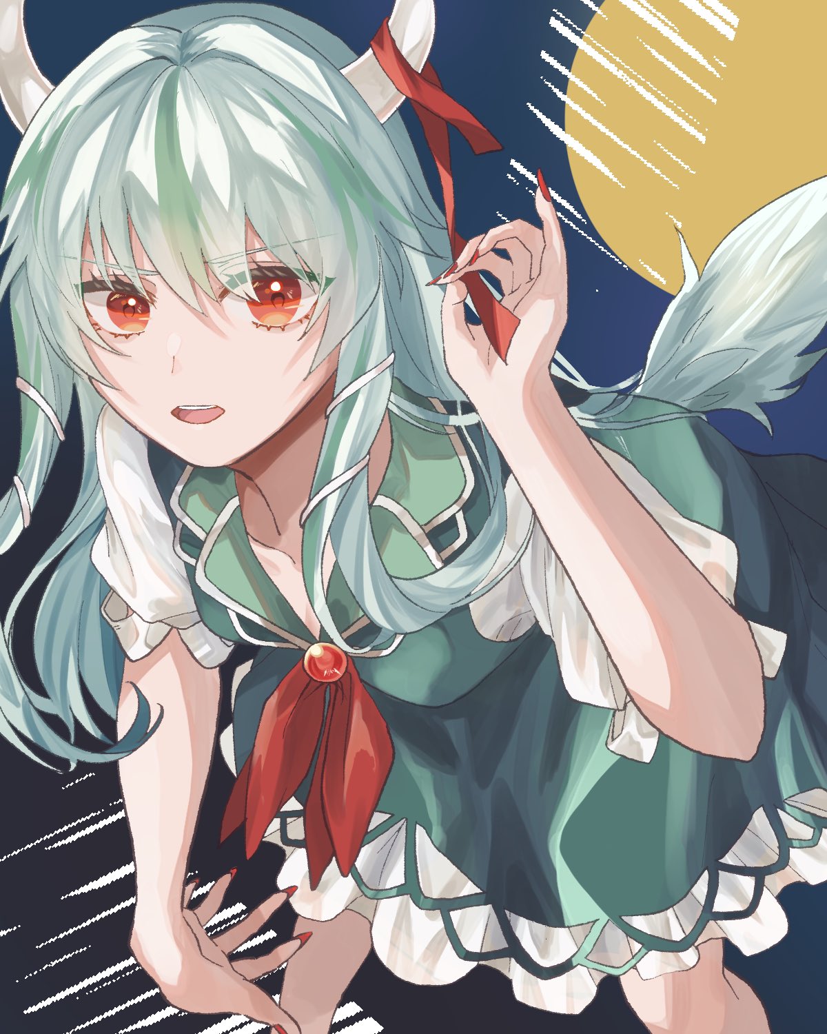 1girl commentary dress ex-keine fingernails full_moon green_dress green_hair highres horn_ornament horn_ribbon horns kamishirasawa_keine long_hair looking_at_viewer moon open_mouth red_eyes red_nails ribbon shisui0202 solo touhou very_long_hair