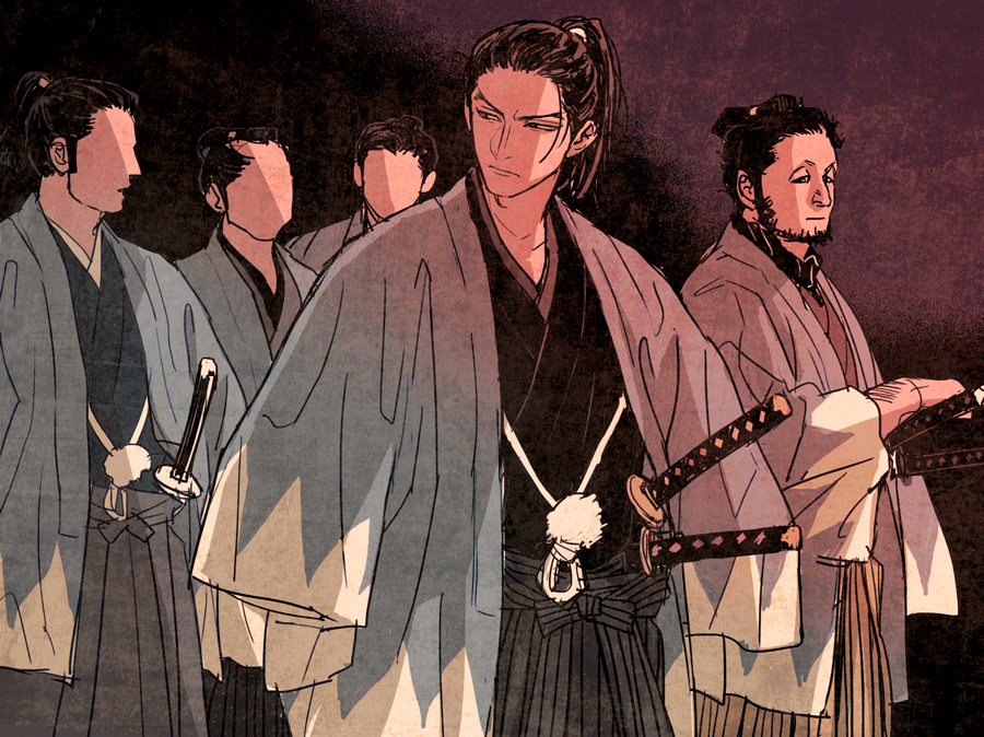 5boys aged_down aquiline_nose arm_rest black_background black_eyes black_hair black_kimono brown_hakama chinstrap_beard chonmage commentary_request cowboy_shot faceless faceless_male frown glaring golden_kamuy hakama half-closed_eyes haori hijikata_toshizou_(golden_kamuy) jacket japanese_clothes katana kimono long_sleeves looking_to_the_side maiko_(setllon) male_focus multiple_boys nagakura_shinpachi_(golden_kamuy) open_clothes open_jacket ponytail sheath sheathed shinsengumi short_hair short_ponytail standing sword tareme topknot weapon