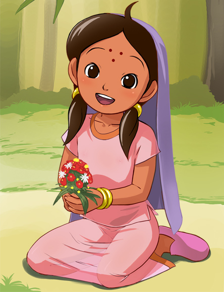 1girl bindi bracelet brown_hair character_request collarbone dark-skinned_female dark_skin dress facial_mark flower forehead_mark full_body grass haruyama_kazunori jewelry long_hair looking_at_viewer open_mouth retro_artstyle see-through smile solo the_jungle_book tree twintails