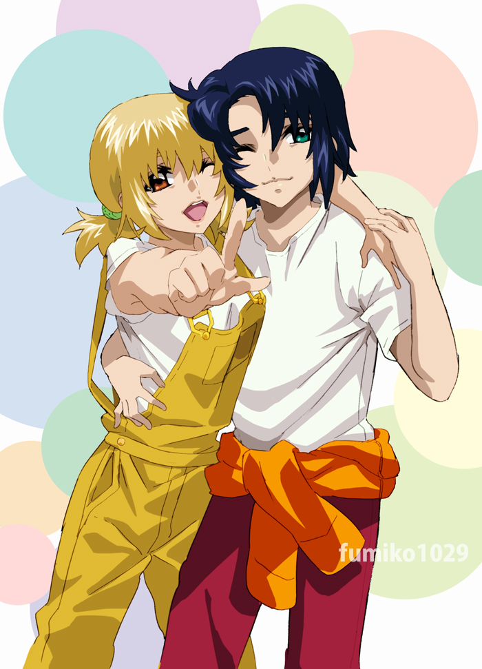 1boy 1girl arm_around_neck arm_around_waist artist_name athrun_zala blonde_hair blue_hair cagalli_yula_athha couple fumiko_(mesushi) green_eyes gundam gundam_seed gundam_seed_freedom hand_over_another's_hand looking_at_viewer official_alternate_costume one_eye_closed open_mouth pants posing red_pants shirt smile white_shirt yellow_eyes yellow_overalls