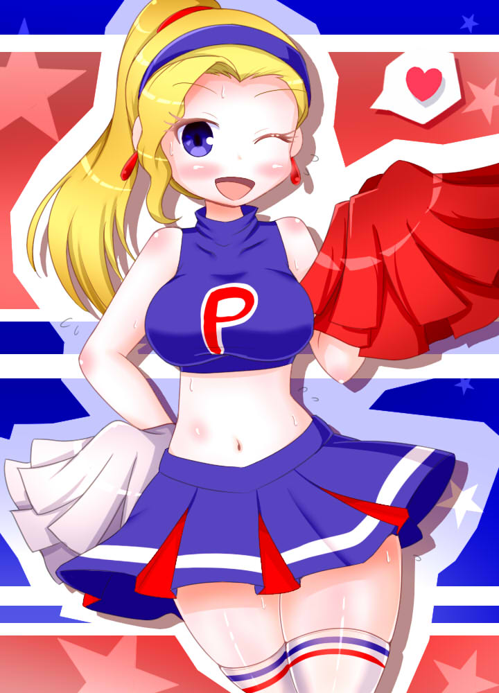 1girl bemani blonde_hair blue_eyes breasts cheerleader earrings heart jewelry large_breasts long_hair looking_at_viewer nancy_(pop'n_music) navel pom_pom_(cheerleading) ponytail pop'n_music ryokubanadesiko smile solo star_(symbol) sweat