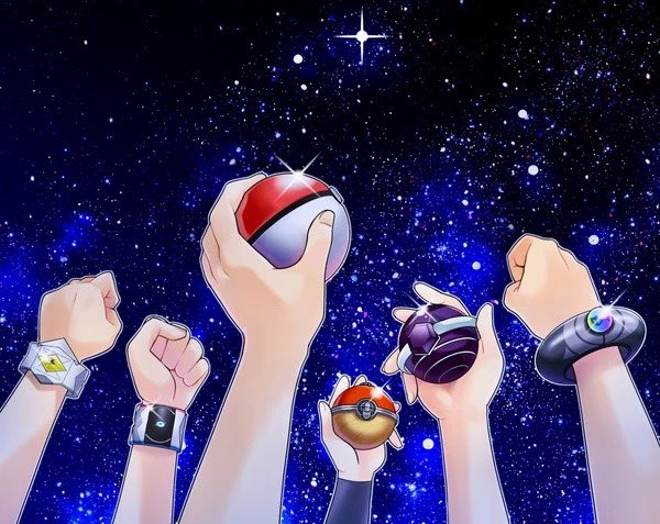 bracelet clenched_hand dynamax_band hands_up holding holding_poke_ball jewelry long_sleeves mega_stone night night_sky out_of_frame poke_ball poke_ball_(basic) poke_ball_(legends) pokemon sky sparkle star_(sky) starry_sky tera_orb yukari_(yukari21653710) z-ring